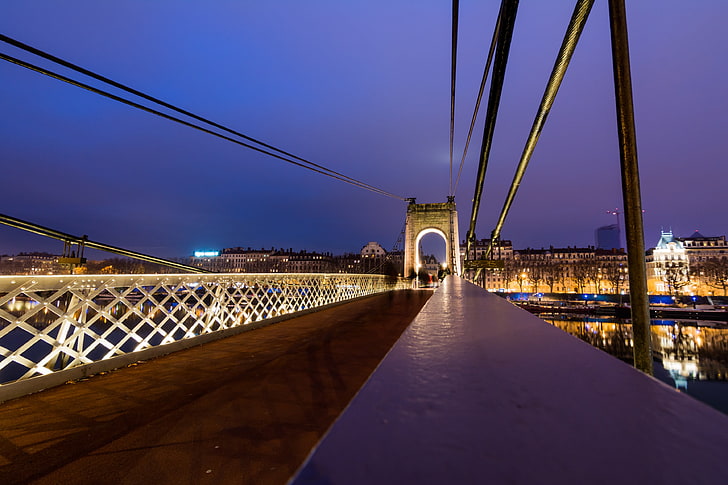 brown and white concrete bridge, bridge, night, Lyon, France, lights, sky, architecture, photography, HD wallpaper