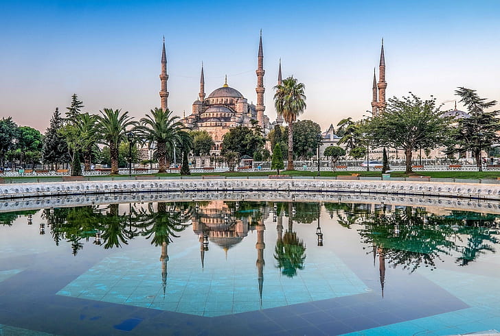 architecture, Cityscape, Istanbul, Palm Trees, park, reflection, Sultan Ahmed Mosque, tiles, turkey, water, HD wallpaper
