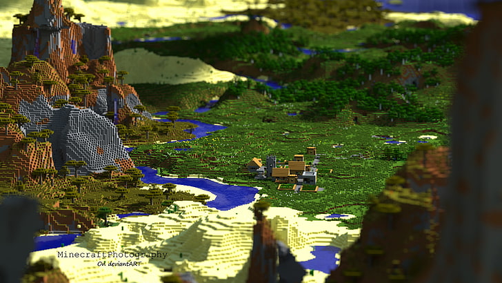Screenshot del mondo Minecraft, campo di erba verde, Minecraft, rendering, videogiochi, profondità di campo, Sfondo HD