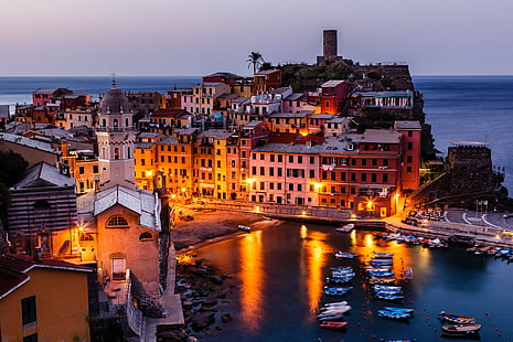 Zatoka Genua, Vernazza, Liguria, Włochy, Zatoka Genua, Vernazza, Liguria, Włochy, Cinque Terre, wybrzeże Zatoki Genui, Budynki, panorama, Tapety HD HD wallpaper