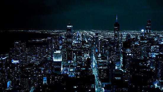 fotografia metropolitana, paisagem urbana, cidade, luzes, Chicago, noite, azul, EUA, ciano, HD papel de parede HD wallpaper