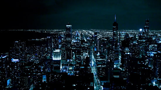 กลางคืน, สีน้ำเงิน, ชิคาโก, เมือง, ไฟ, สหรัฐอเมริกา, ทิวทัศน์ของเมือง, วอลล์เปเปอร์ HD HD wallpaper