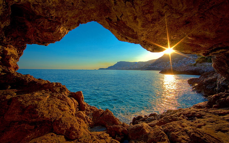 nature, mer, grotte, rayons de soleil, lumière du soleil, montagnes, Fond d'écran HD