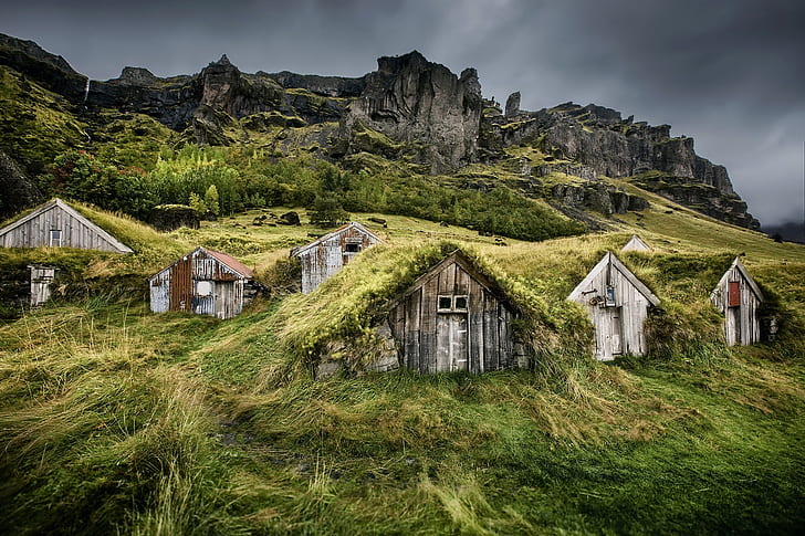 Island, natur, gräs, hus, byggnad, landskap, HD tapet