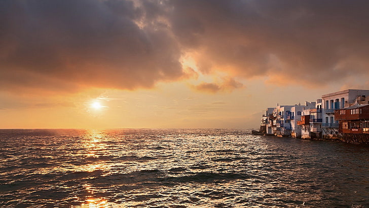 greece, mykonos, sea, sunset, HD wallpaper