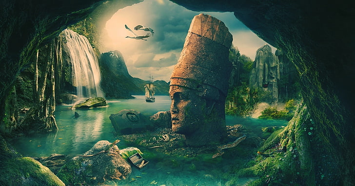 Buddha Kopf auf Gewässer digitale Tapete, Fantasy-Kunst, Desktopografie, HD-Hintergrundbild
