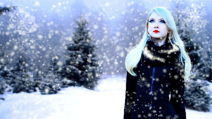 Зимно момиче, сняг, дървета, зима, момиче, природа и пейзажи, HD тапет