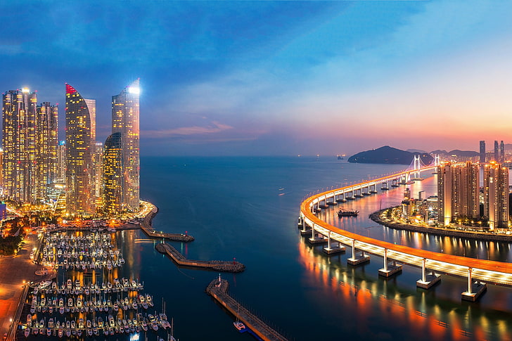 mar, puesta de sol, puente, edificio, puerto, ciudad de noche, rascacielos, Corea del Sur, puerto, Busan, Puente Gwangan, El Golfo de Sherman, Fondo de pantalla HD