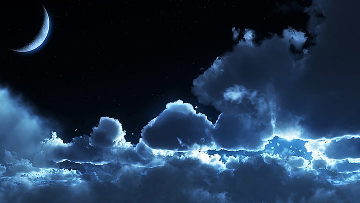 Księżyc, noc, niebo, chmury, Tapety HD
