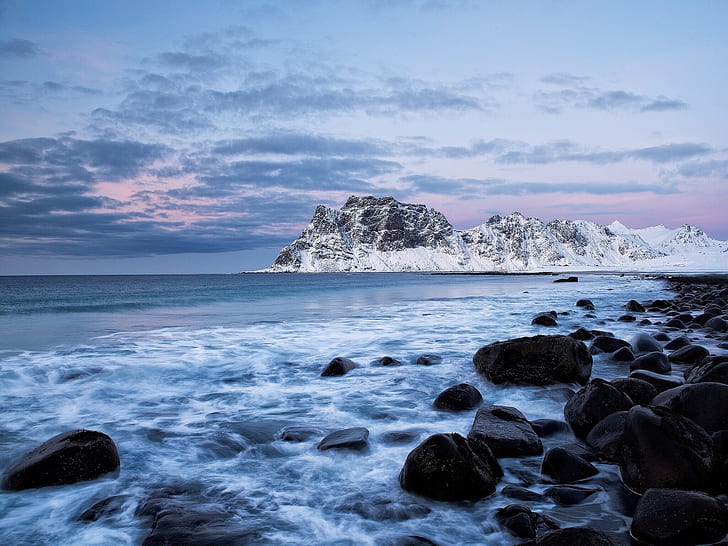 Noruega, mar, montañas, rocas, invierno, Noruega, mar, montañas, rocas, invierno, Fondo de pantalla HD