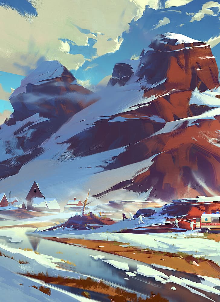 Erikas Perl, concept art, landscape, winter, snow, mountains, people, ambulances, lake, nature, illustration, HD wallpaper