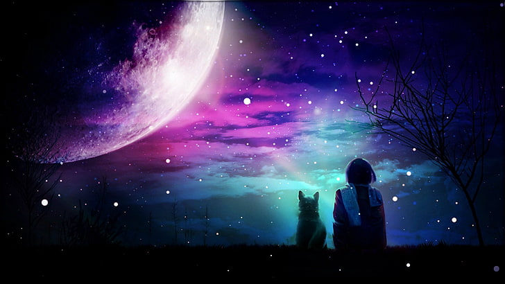 Ziemski księżyc z fioletowym światłem ilustracja, grafika, sztuka cyfrowa, sztuka fantasy, przestrzeń kosmiczna, planeta, Tapety HD