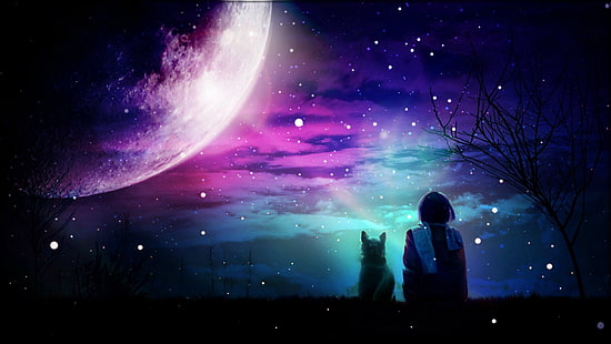 Luna de la Tierra con ilustración de luz púrpura, ilustraciones, arte digital, arte de fantasía, espacio, planeta, Fondo de pantalla HD HD wallpaper