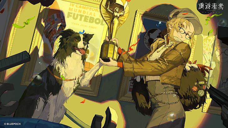 Reverse: 1999, anime, anime girls, dog, holding trophy, badge, bag, eyewear, Border Collie, blonde, long hair, side view, glasses, smiling, jacket, long sleeves, wall, tongue out, tongues, teeth, sweater, ponytail, shadow, one eye closed, hat, looking at viewer, poster, Melania (reverse:1999), Pickles (reverse:1999), Diggers (reverse:1999), HD wallpaper