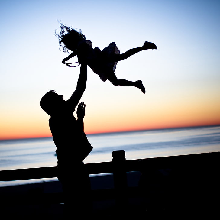 father, daughter, silhouettes, family, happiness, HD wallpaper