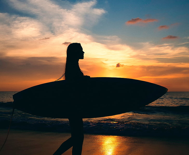 surfboard, girl, sunset, silhouette, Board, surfing, MAVRIN, HD wallpaper