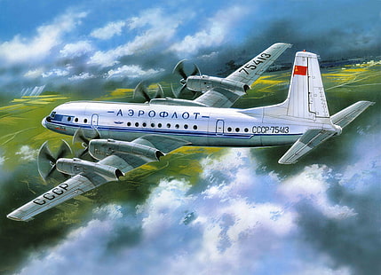 gray airplane graphic wallpaper, the plane, art, Aeroflot, passenger, for, Ilyushin, airlines, length, Of the Soviet Union., four-engine, the low, single-fin, plumage, made, average, turboprop, the scheme, Il-18, HD wallpaper HD wallpaper