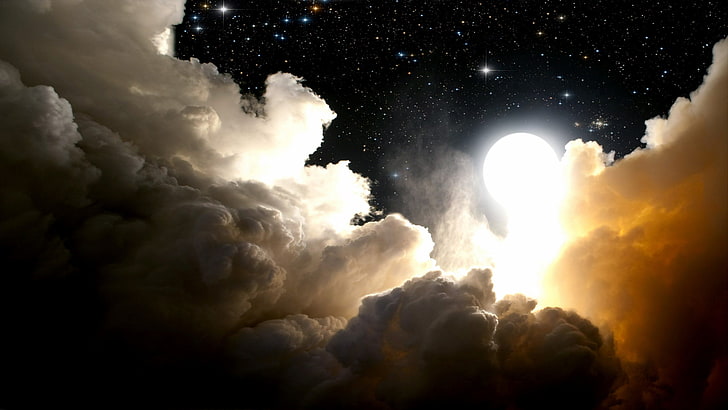 облака и луна, ночь, звезды, цифровое искусство, космическое искусство, луна, облака, HD обои