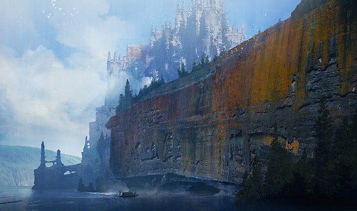 artwork, landscape, digital, fantasy art, cliff, HD wallpaper