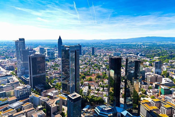 Germany, Frankfurt am main, Metropolis, Panorama, Architecture, Tall, Buildings, Houses, Streets, Traffic, Blue, Sky, Warm, Sunny day, Clouds, Horizon, HD wallpaper