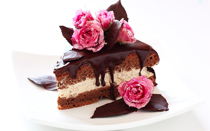 チョコレート滴下ケーキ、スライス、ケーキ、ペストリー、ケーキ、甘い、 HDデスクトップの壁紙