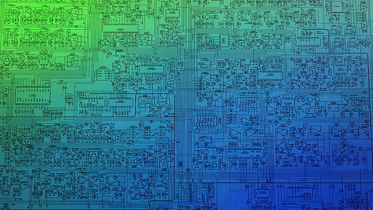 blaue und grüne Platine Wallpaper, Platine Skizze, Mikrochip, Schaltplan, CPU, Technologie, Blaupausen, HD-Hintergrundbild