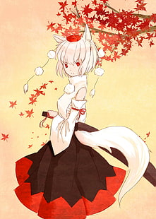 аниме, аниме девушки, Inubashiri Momiji, короткие волосы, уши животных, белые волосы, красные глаза, меч, Okamimimi, HD обои HD wallpaper