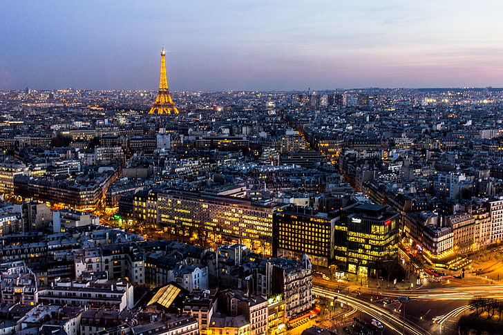 Эйфелева башня Парижа, Париж, Франция, ночь, Эйфелева башня, длительная выдержка, город, городской пейзаж, городской, архитектура, горизонт, улица, закат, огни, HD обои