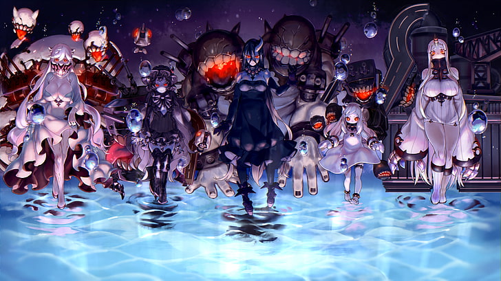 illustration féminine aux cheveux noirs, Kantai Collection, Northern Ocean Hime, Seaport Hime (KanColle), Isolated Island Oni, Midway Hime, Battleship Water Oni, yeux rouges, anime girls, Fond d'écran HD