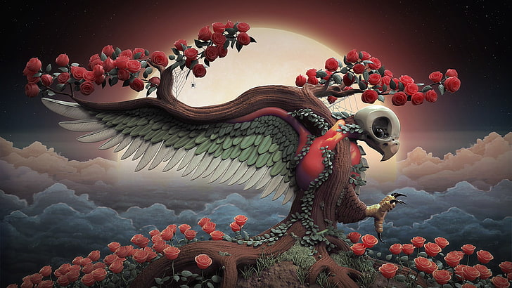 red and brown bird illustration, birds, trees, skull, rose, HD wallpaper