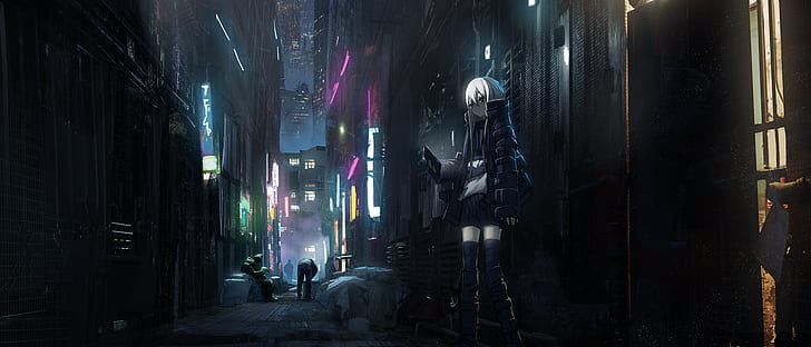 gadis anime, anime, dark, city, cyberpunk, neotokyo, Wallpaper HD