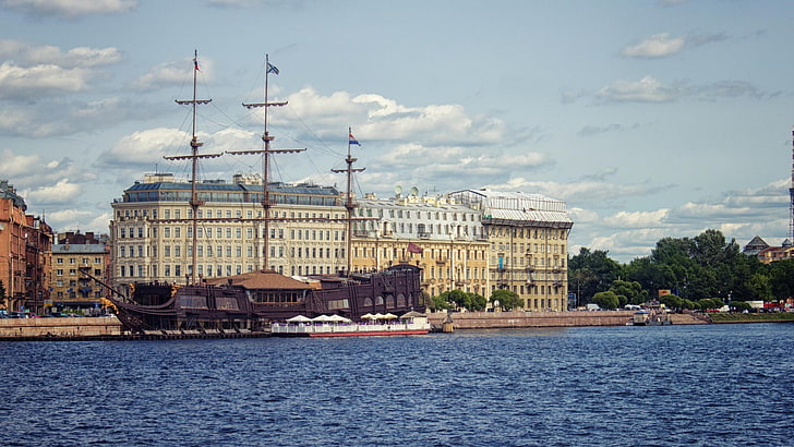 sailing ship, ship, St. Petersburg, river, city, HD wallpaper