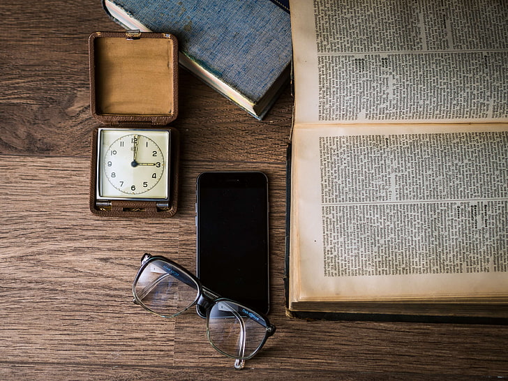 book, clock, desk, glasses, iphone, knowledge, page, smartphone, desk, text, time, watch, wood, HD wallpaper