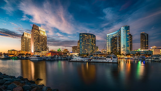 city skyline during nightime, san diego, san diego, Twilight, skyline, San Diego Bay, Seaport Village, Dusk, Blue Hour, Night, Reflection, City, cityscape, sony a7rii, sony alpha, reflections, long exposure, water, hotel, hotels, boats, sd, downtown san diego, urban Skyline, architecture, famous Place, skyscraper, downtown District, urban Scene, sunset, HD wallpaper HD wallpaper