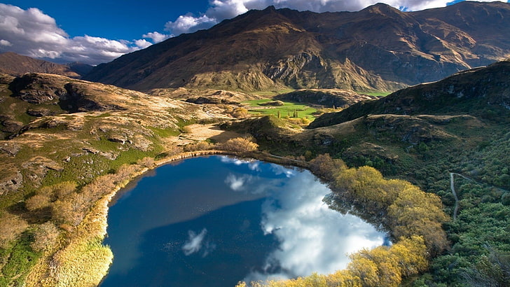 nature, paysage, Nouvelle-Zélande, montagnes, nuages, collines, arbres, eau, lac, réflexion, forêt, Fond d'écran HD