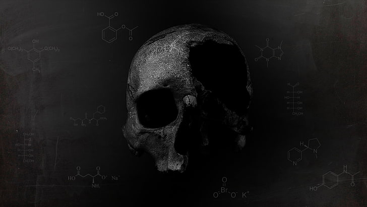 poster tengkorak abu-abu dan hitam, wallpaper tengkorak abu-abu, tengkorak, kimia, gelap, kematian, seni digital, formula, sains, Wallpaper HD