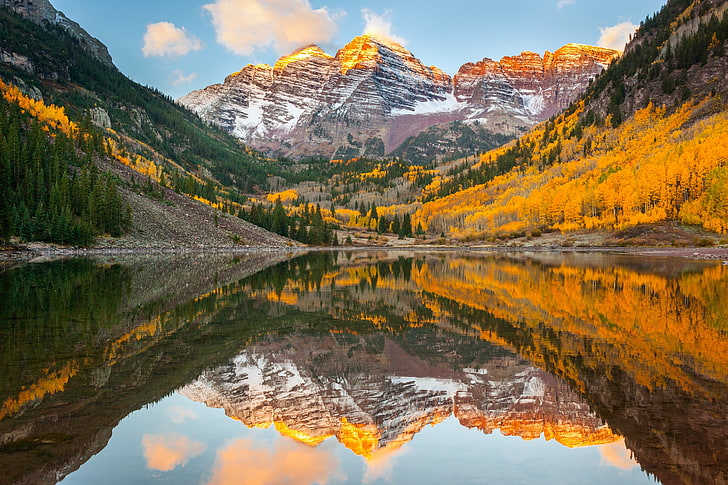body of water, autumn, forest, reflection, lake, Colorado, USA, rocky mountains, state, Maroon Bells, HD wallpaper