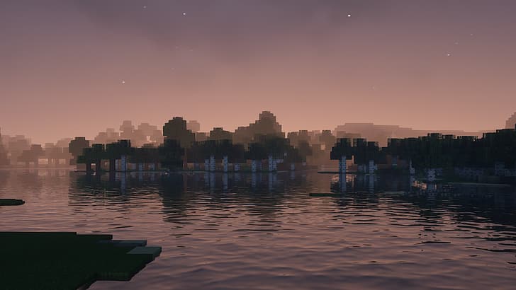 Minecraft, shaders, landscape, water, forest, trees, HD wallpaper