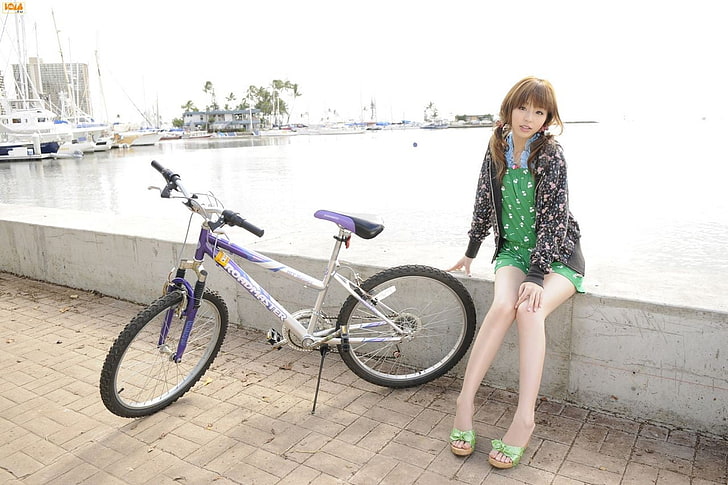 Aya Hirano, Asian, Japanese, women outdoors, bicycle, women, model, HD wallpaper