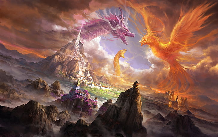 Fantasy, Dragon, Artistic, Battle, Bird, Castle, City, Phoenix, Rock, Snake, HD wallpaper