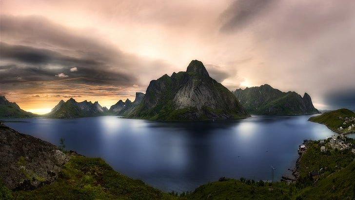 badan air, alam, lanskap, fjord, pulau, musim panas, awan, Lofoten, Norwegia, desa, langit, pegunungan, Wallpaper HD