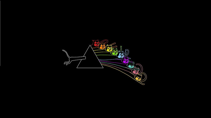 Pink Floyd цифровые обои, Минимализм, Призма, Черный, Кошки, Алехандро Хиральдо, Рисунки, Темная сторона 9 жизней, Пародия на Пинк Флойд, HD обои