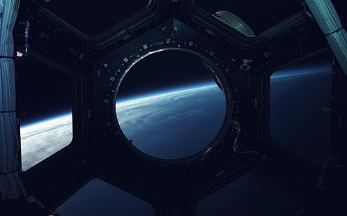  Station, Planet, Space, View, The window, Surface, Art, Spaceship, Space Ship, Blue planet, Vadim Sadovski, by Vadim Sadovski, Porthole, HD wallpaper HD wallpaper