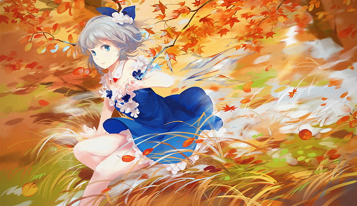 gadis anime, Cirno, Touhou, mata biru, musim gugur, rambut pendek, rambut perak, Wallpaper HD