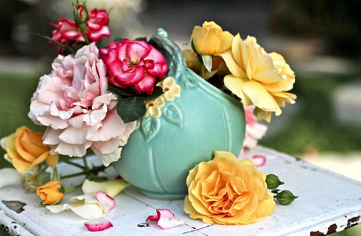 Rosor, blommor, vas, kronblad, bord, suddighet, HD tapet