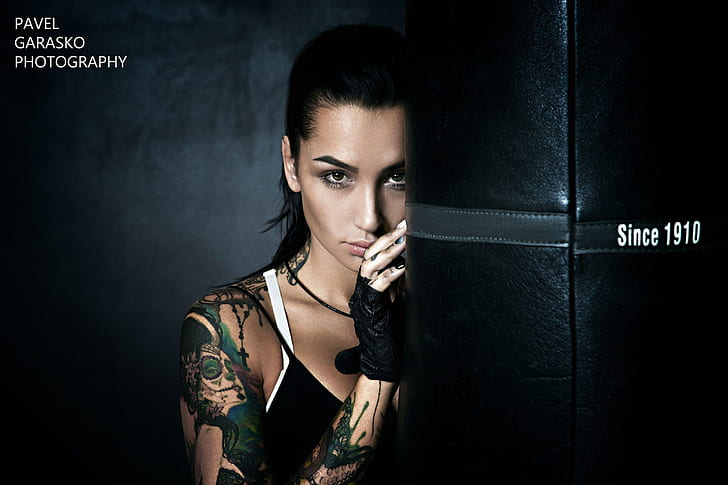 look, girl, makeup, brunette, tattoo, hairstyle, gloves, pear, photographer, Pavel Garasko, Angelica Anderson, Boxing, HD wallpaper