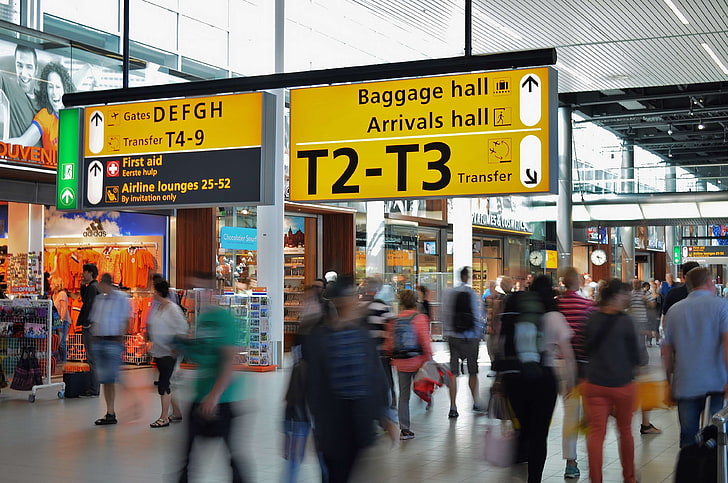 летище, Амстердам, пристигане, размазване, качване, тълпа, заминаване, упътвания, бързайте, на закрито, информация, движение, пътници, хора, знак, терминал, туризъм, туристи, пътуване, HD тапет