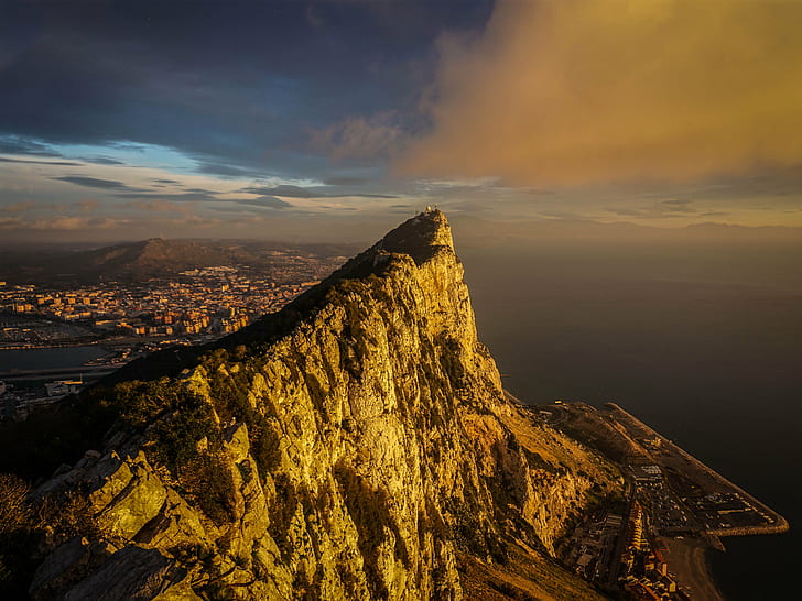 aerial photo of a cliff and sea, Edge of space, aerial photo, cliff, sea, Iberia, gibraltar, Sunrise, sunset, mountain, famous Place, scenics, rio de Janeiro, landscape, cityscape, nature, dusk, travel, sugarloaf Mountain, sky, outdoors, rock - Object, urban Skyline, HD wallpaper