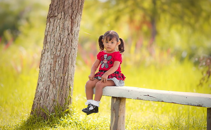 Sad Little Girl Sitting On Bench, girl's red floral crew-neck short-sleeved shirt, Baby, , red, cute, dress, little, bench, sadness, sitting, HD wallpaper
