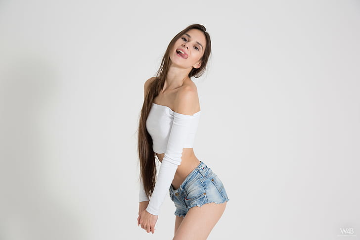 women, brunette, thin, long hair, white background, blouse, jeans, shorts, brown eyes, Watch4Beauty, Leona Mia, tongue out, HD wallpaper